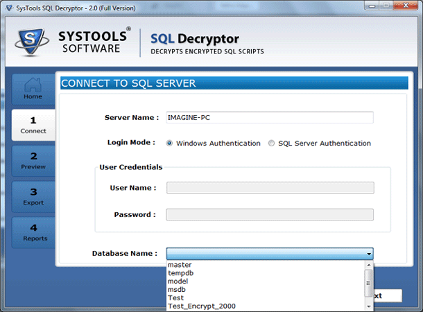 Select Encrypted Database to Decrypt