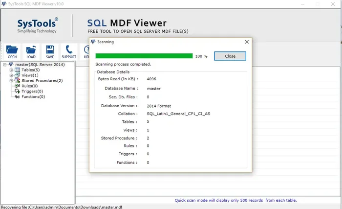 MDF Viewer scan report with database name, version and object counts