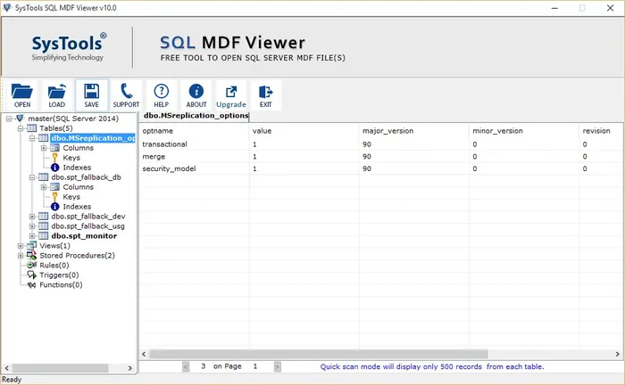 MDF Viewer tree with tables, views and stored procedures beside a table preview