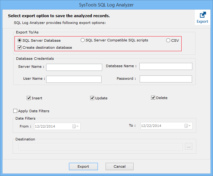 Export in SQL Server Database